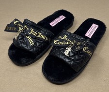 Juicy Couture Women s Black Faux Fur Slide Slippers Quilted Bow Charm Size M