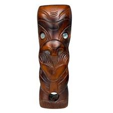 Hand Carved Tiki Mask Kauri Wood New Zealand Maori Style Abalone Eyes 10