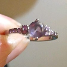Silver 925 Ring Round Purple Amethyst Prong Setting with Accent Stones