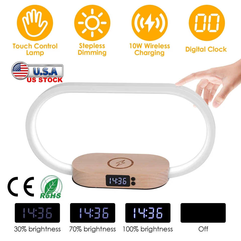 Bedside Lamp with Clock 10W Fast Wireless Charger USB Port Nightstand Touch Lamp - Image 3 of 4