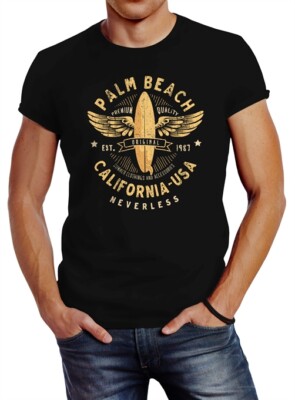 Neverless  Herren T-Shirt Surfing Motiv Vintage Effekt Palm Beach California