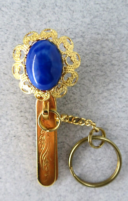 Vtg King's Key Finder Ring Holder Key Chain Blue Cabochon Gold Tone Money Holder