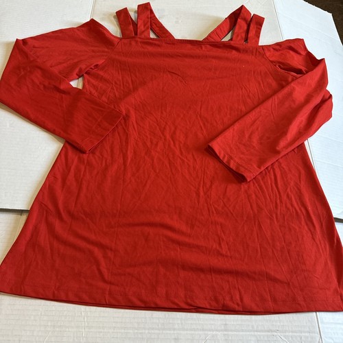 Women Sequin Red Cold Shoulder Off Shoulder Top Shirt Quarter Sleeve V Neck Sz M - Picture 3 of 11