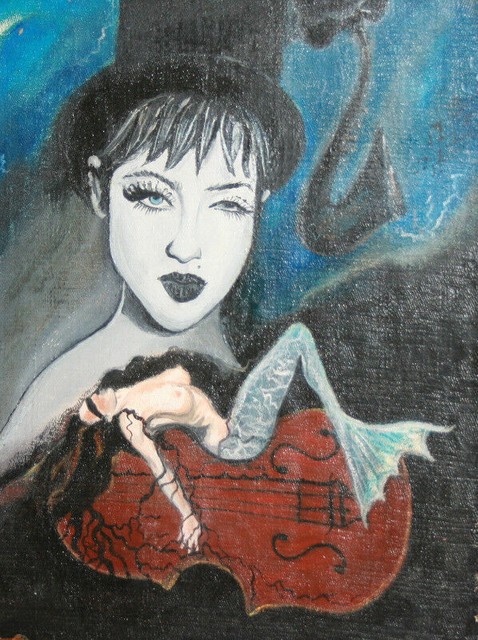 Surrealist portrait violin mermaid vintage oil painting signed Surrealist portrait violin mermaid vintage oil painting signed