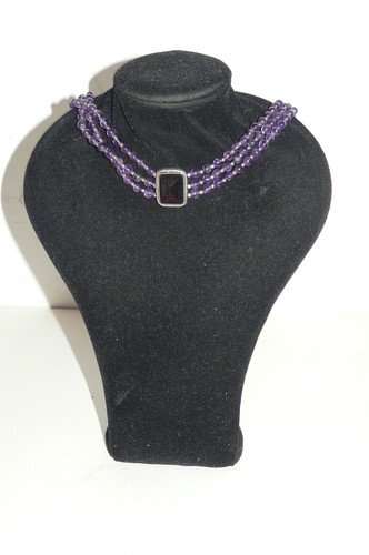 COLLANA argento 925 tre fili perle viola e pietra centrale ametista gioiello - Foto 7 di 7