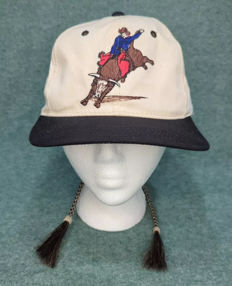 RARE! M & F Western Products Rodeo Embroidered Hat Cap w/ Adj. Braided Rat  Tails