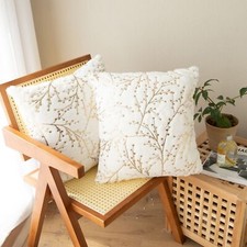 Set of 2 White Fluffy Pillow Covers Faux Fur with Gold Branches Glitter Throw...