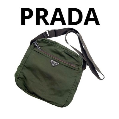 PRADA Nylon Shoulder Bag Green Olive Triangle Logo Authentic Unisex Crossbody