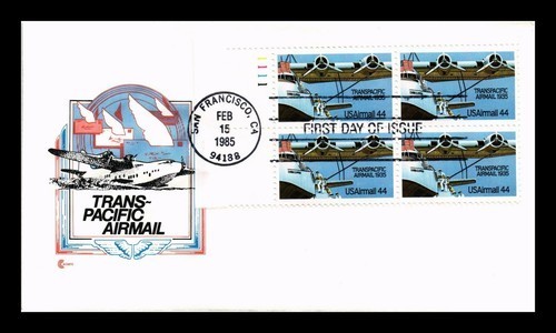 AVIATION CHINA CLIPPER TRANSPACIFIC 1985 AIRMAIL PLate#block covercraft FDC UNAD
