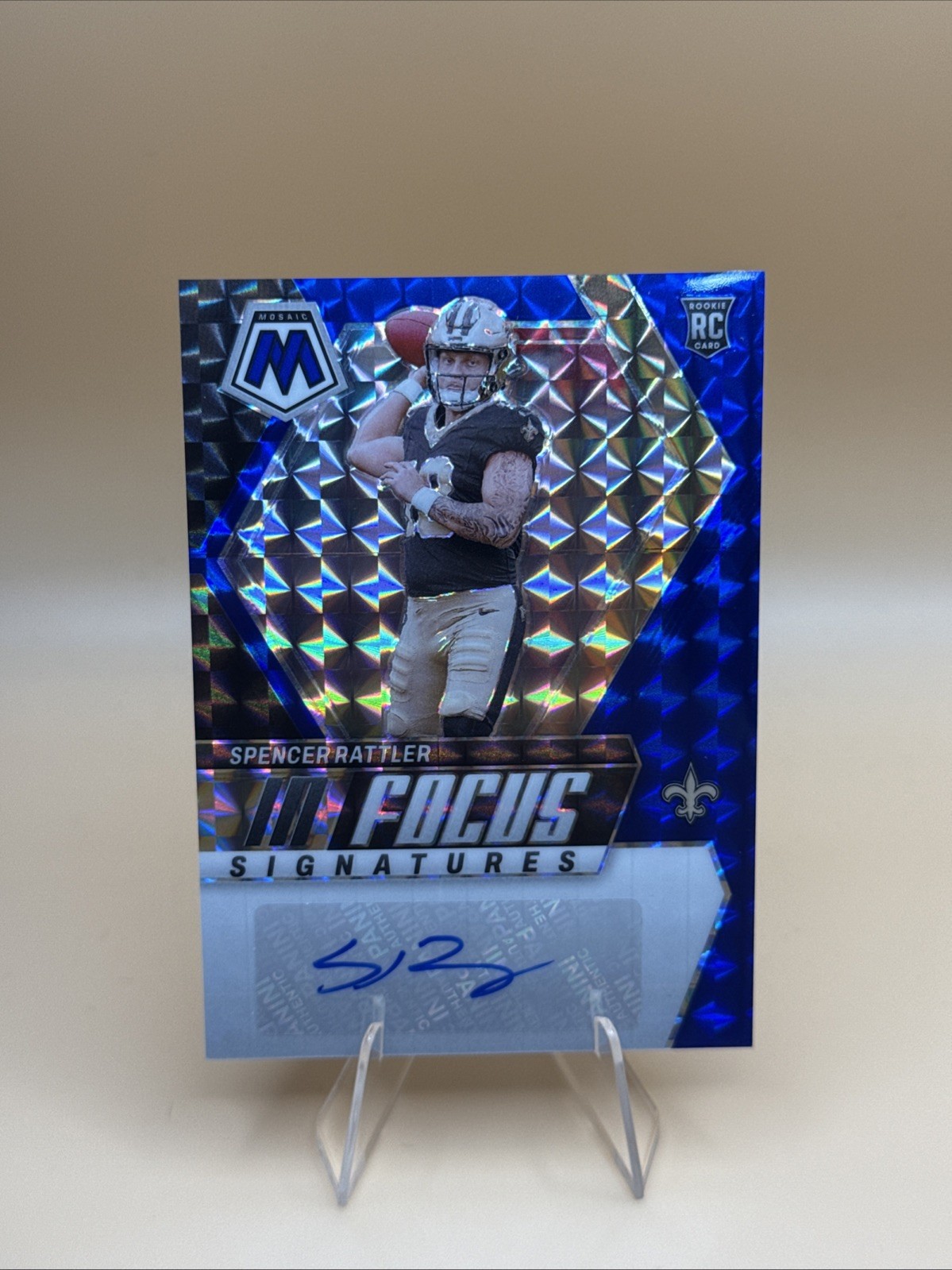 Spencer Rattler 2024 Panini Mosaic In Focus Blue Prizm Rookie Auto /99 SAINTS RC