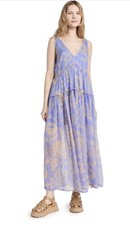 Free People Julianna Floral Sheer Maxi Dress Sz M Blue Print Ruffle Dress