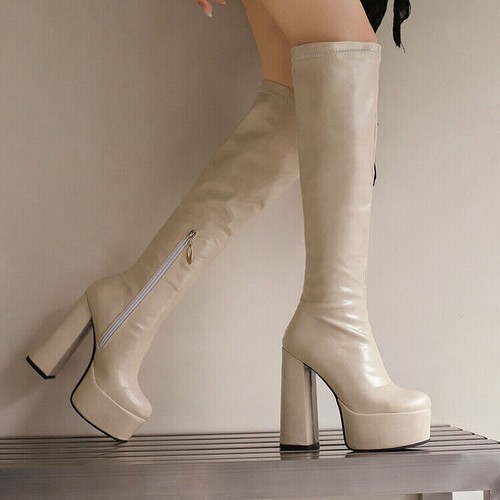 Mujeres Gogo Botas Plataforma Gruesas Tacón Bloque Cremallera Lateral Botas Hasta la Rodilla Zapatos - Imagen 16 de 29