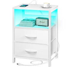 Nightstand with Charging Station, LED Night Stand with Fabric Drawers and Sto...