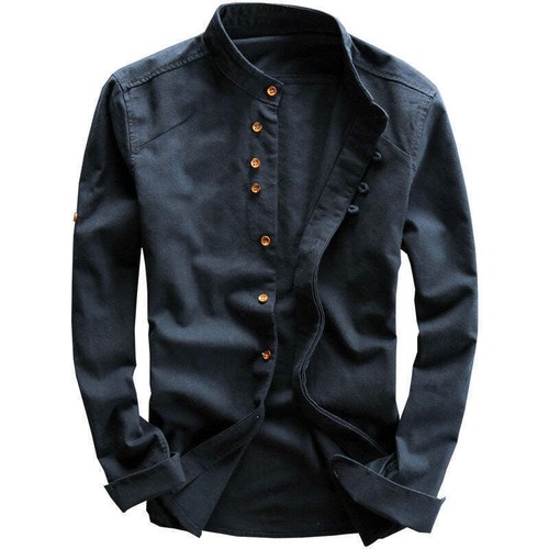 Hemd Leinen Herren lässig Stehkragen Langarm Freizeit Hemden Knopf Bluse Tops~ - Bild 7 von 18