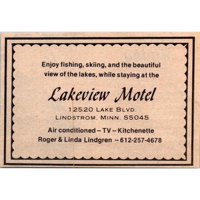 Lakeview Motel Roger and Linda Lindgren Lindstrom MN 1979 Dalles Ad SAJ3-M8