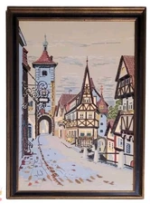 Vintage Framed Crewel Embroidery Rothenburg Germany Street Scene Wall Art MCM