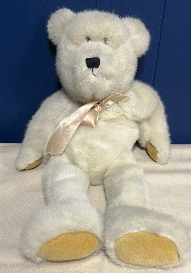 VTG 80's The Boyd's Collection Stuffed Bear Beige/Peach Bow Weighted Bean Filled