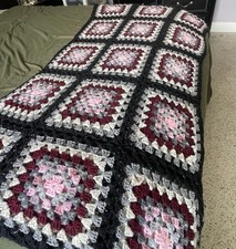 Vintage Knit Blanket Granny Square Quilt Style Throw Cottage Farmhouse 76x62