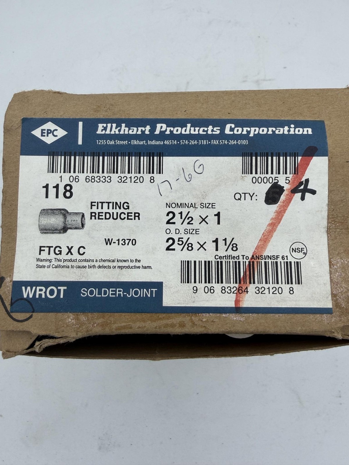 Elkhart Products 118 W-1370 Copper Reducer Fitting 2-1/2 X 1 FTGXC Wrot 4ct