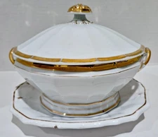 Old Paris Porcelain Covered Vegetable Bowl &Underplate~ White w/Gold~ Panels