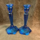 1920s Fenton Art glass Florentine #349 Celeste blue Iridescent Candlestick Pair