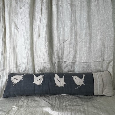 Hand Printed Blue Wren Bolster - Reversible Bird Pillow UK/England Cottagecore