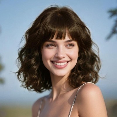 Dark Brown with Bangs Short Wavy 12in Women Premium Hair Wig