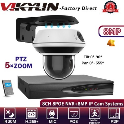 VIKYLIN 8CH 8POE NVR PTZ 5×Optical Zoom Dome IR30M 8MP 4K IP CAMERA Systems Lot
