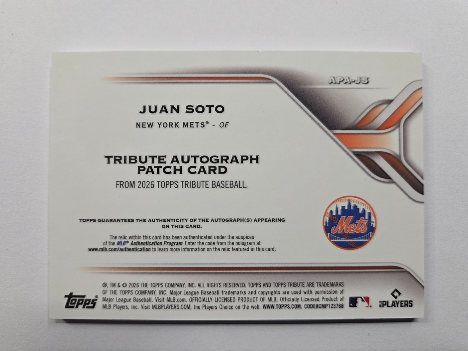 Topps Tribute 2026 Juan Soto APA-JS Auto Game Used Patch 4/5 New York Mets view 2