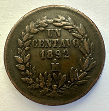 1892 Mexico Un 1 Centavo Coin, Copper, 25.7mm, VF Very Fine
