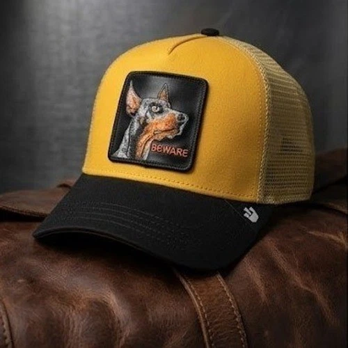 NWT Goorin Bros The Farm Beware Doberman Trucker Hat Yellow Black Snapback Cap
