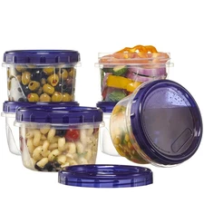 6 Pack Twist Cap Food Storage Containers with Blue Screw on Lid- 16 oz Reusab...