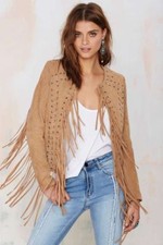 Women Beige Sweden Leather Jacket Coat Antique American Cow Lady Fringes Xs-4xl