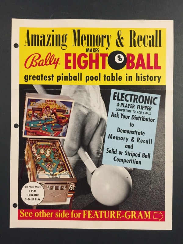 Eight Ball Pinball Machine Flyer Brochure 1970's