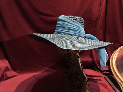 50s 60s 70s Vintage Blue Hat Beach Wide Brim Happy Cappers  display picture 1