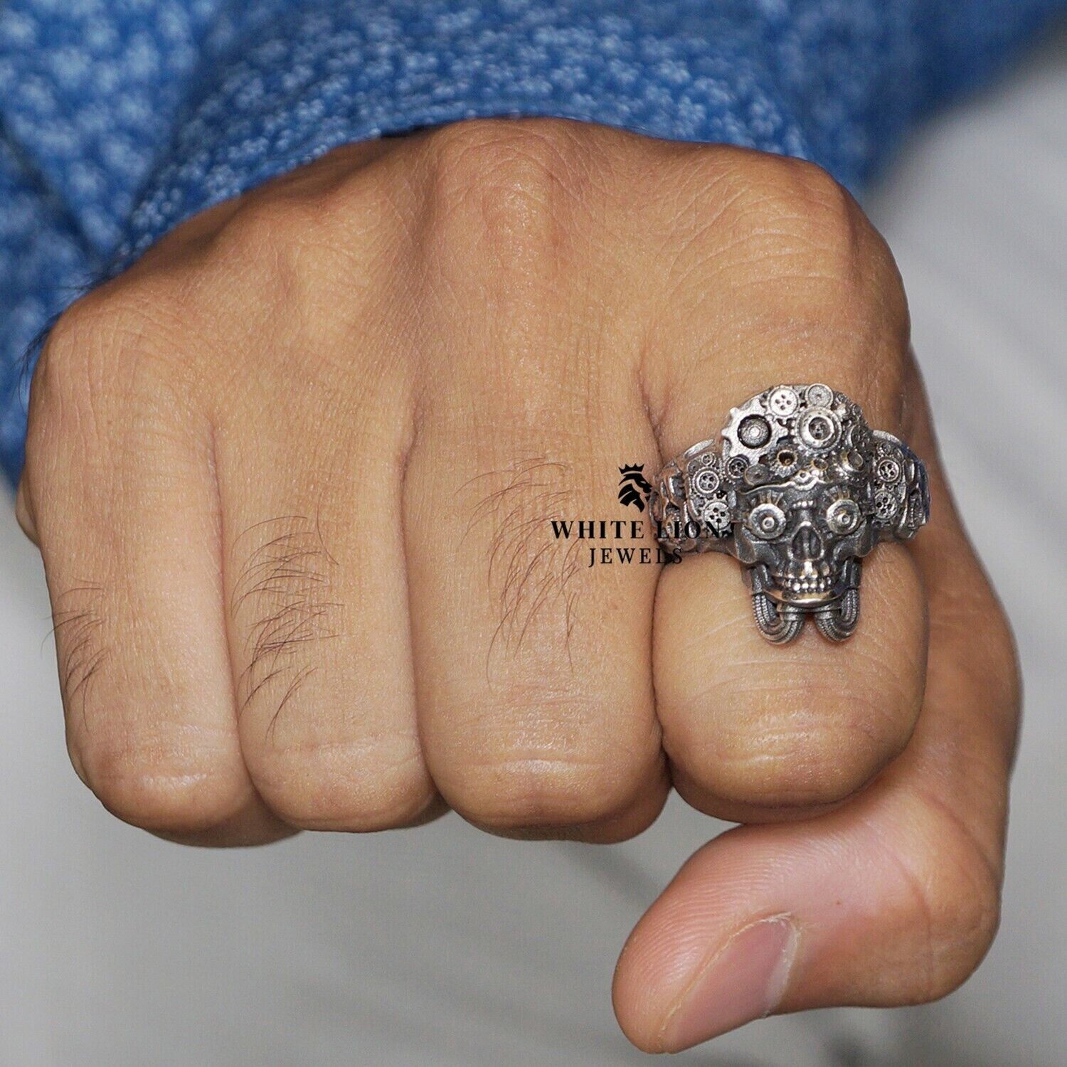 Steam Punk Biker Rider Gothic Machine Wheels Skull 925 Sterling Silver ...