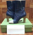 Auth GUCCI - 658946 Navy Gray Beige Leather Women's Boots