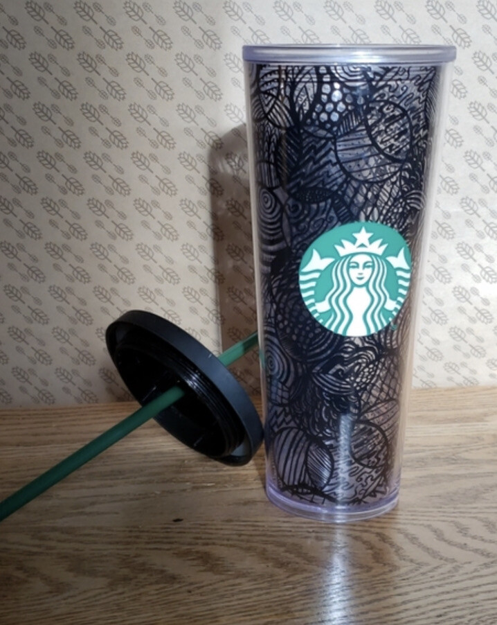 STARBUCKS 2014 Acrylic Cold Cup 24 Oz Tumbler BLACK CIRCLE LINES WEB