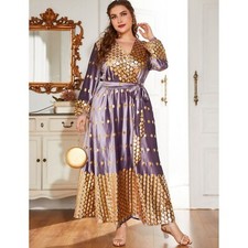 SHEIN Modely Plus Golden Dot Surplice Bishop Sleeve Velvet Belted Dress Size 2XL