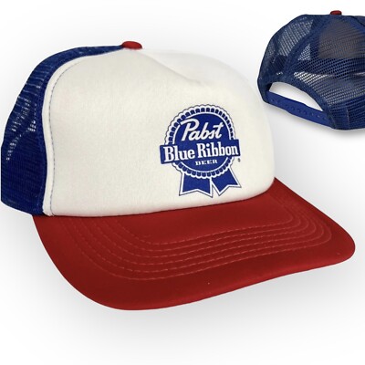 Pabst Blue Ribbon PBR Beer Truckers Mesh Hat Cap Red White Blue SnapBack Adjust