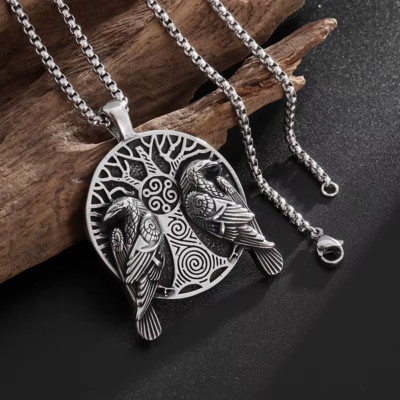 Lebensbaum Hugin Munin Anhänger mit Halskette Rabe Wikinger Nordland Schmuck