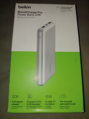 Belkin BoostCharge 20K Portable Charger Power Bank | Fast Charge |  10000mAh+ | Silver | USB-C | 1 USB-C Port | Universal | For Google |  Plastic | Dual USB
