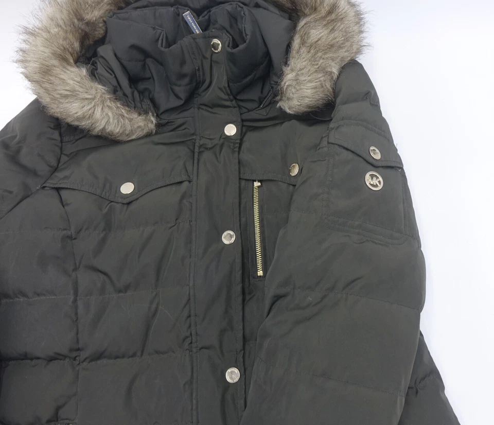 Michael Kors Down Puffer 夹克人造毛皮连帽大号女式橄榄色 — 第 4/4 张图片