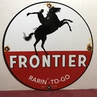 VINTAGE 1930 DATED FRONTIER GAS GASOLINE RARIN’ TO GO PORCELAIN SIGN MOTOR OIL