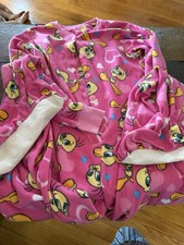 Looney Tunes Tweety Girls Pink Fleece Pajama Set M Button Long Sleeve