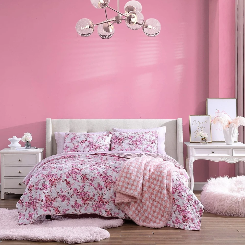 Elegante Juego de Edredón Reversible Floral Viñedo Rosa con Fundas a Juego - Queen Foto 3 de 4