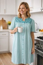 Go Softly Patio Dress Med Teal Stripe Cotton Snap Front Peacock Housecoat Robe