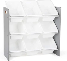 9-Bin Toy Organizer – Inspire Grey with White Plastic Bins, 3-Tier Storage Solut