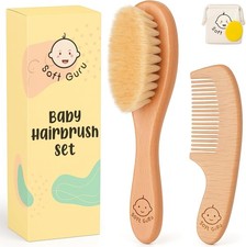 Baby Hair Brush Comb Set with Goat Hair Bristles, Wooden Handle, Gentle Scalp