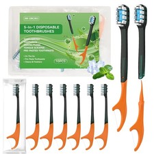 10Pack Disposable Toothbrushes with Toothpaste Pick Floss Tongue Scrape...